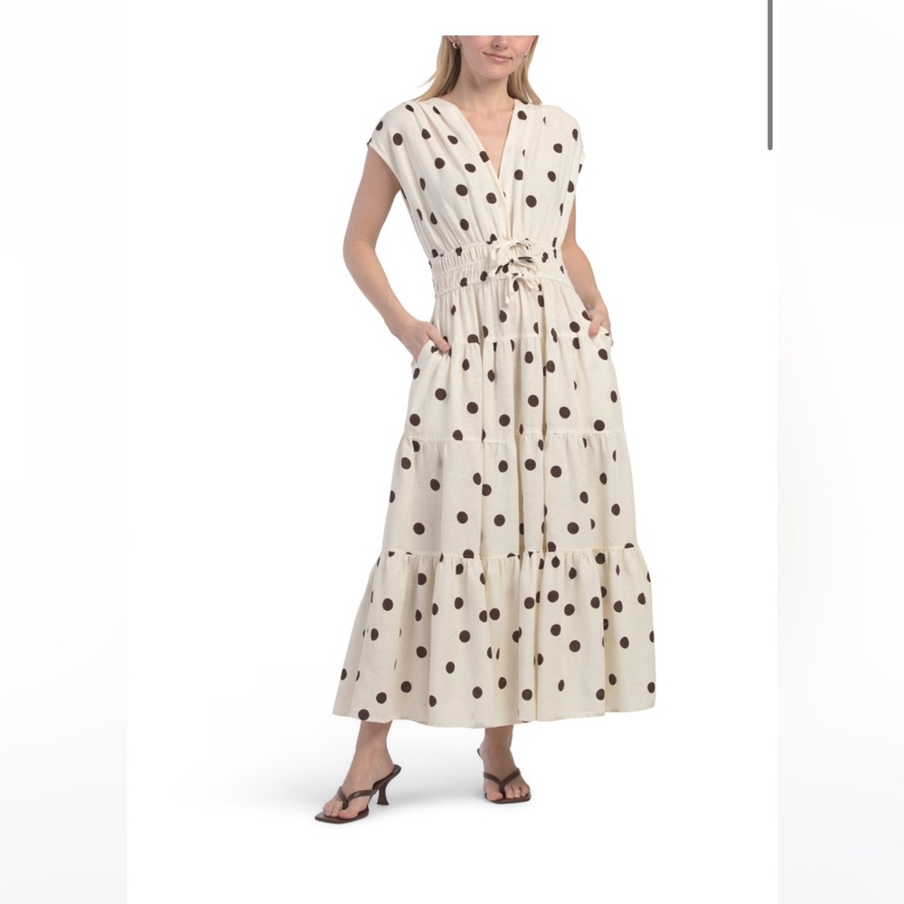 NWT IVORY BROWN LINEN POLKADOT TRIPLE BOW ELASTIC WAIST MAXI DRESS